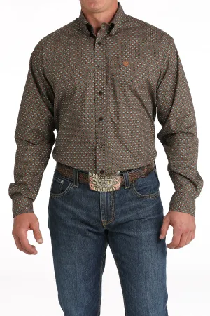 Cinch Brown Geometric Print Button-Down Shirt for Men