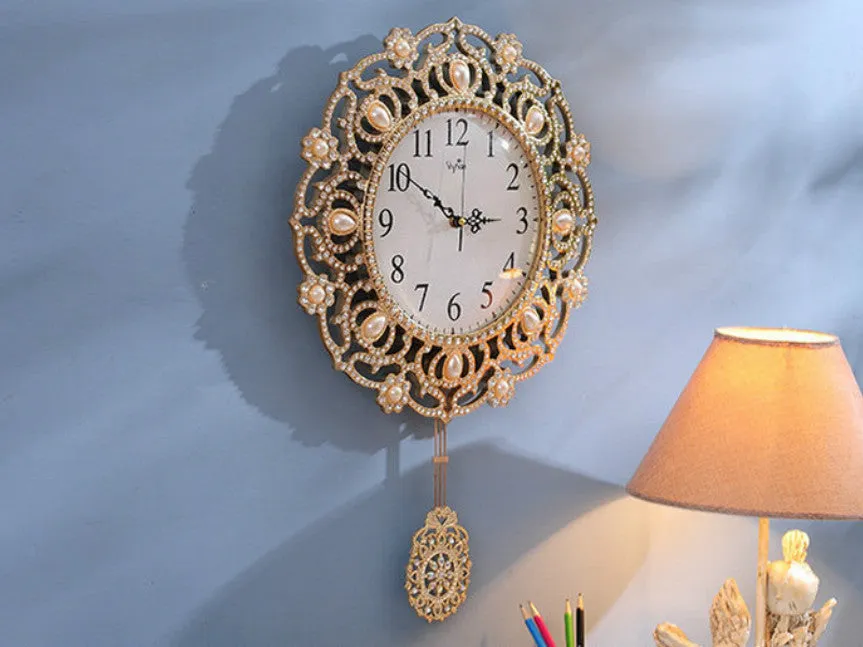 Classic Wall Clock with Pendulum and Bejewelled with Pearls
