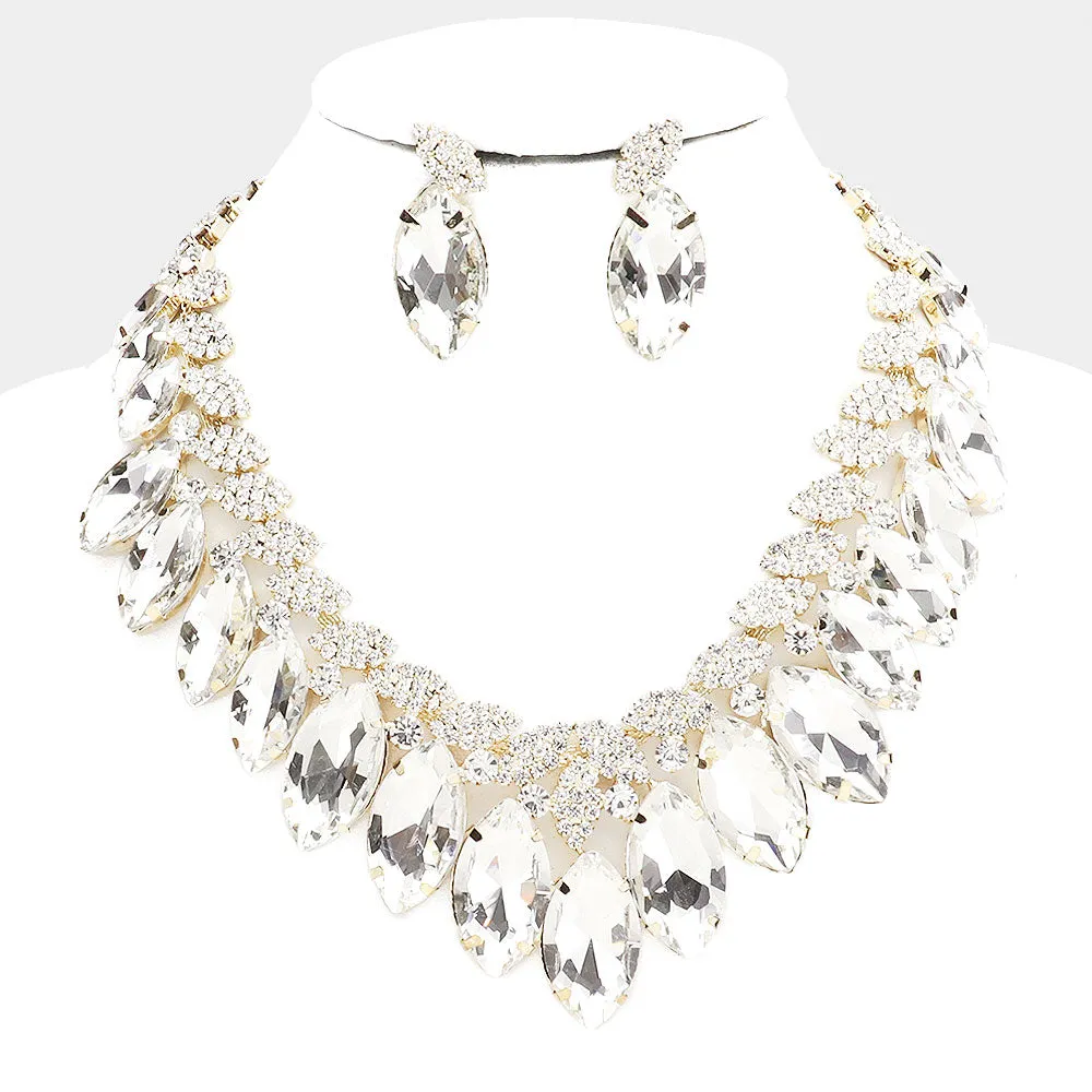 Clear Crystal Marquise Stone Statement Necklace on Gold | 484074