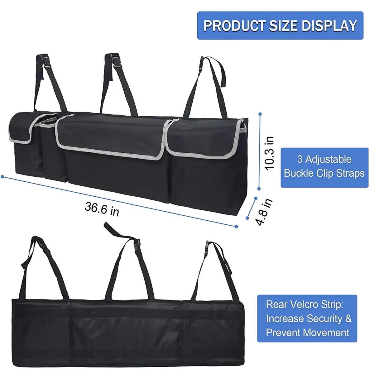 Custom Logo Car Trunk Hanging Organizer,Thick Backseat Trunk Storage Bag with 4 Pockets and 3 Adjustable Shoulder Straps, Foldable Car Trunk Interior Accessories Releases Your Trunk Space