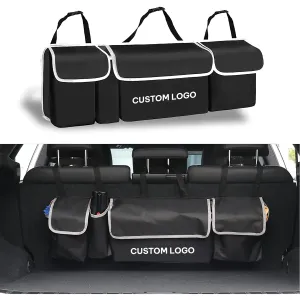 Custom Logo Car Trunk Hanging Organizer,Thick Backseat Trunk Storage Bag with 4 Pockets and 3 Adjustable Shoulder Straps, Foldable Car Trunk Interior Accessories Releases Your Trunk Space