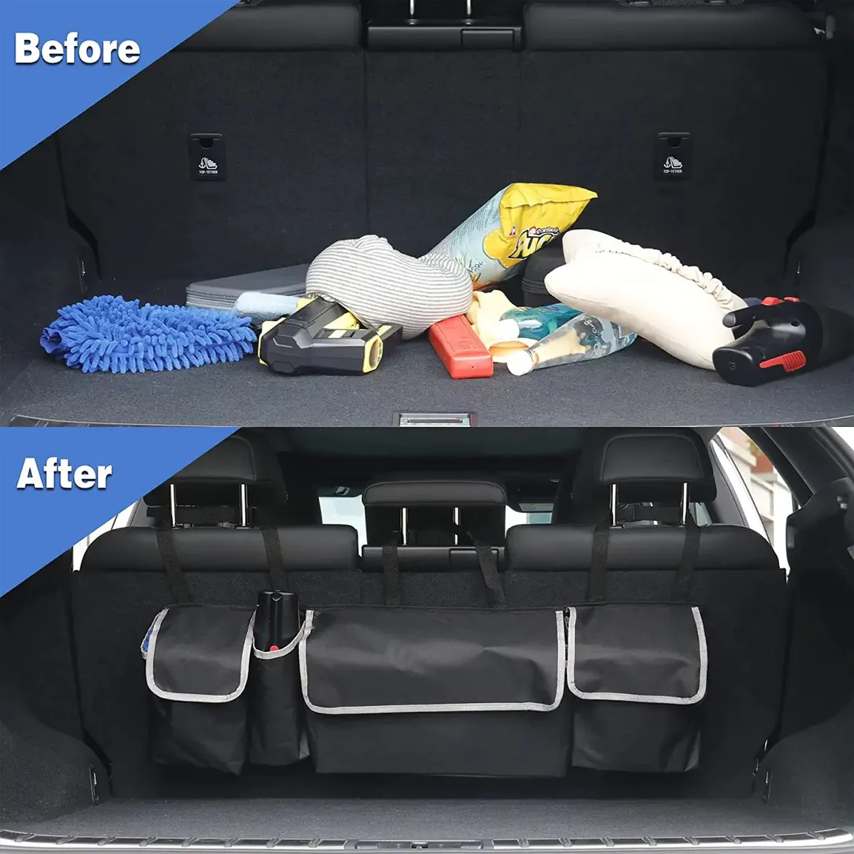 Custom Logo Car Trunk Hanging Organizer,Thick Backseat Trunk Storage Bag with 4 Pockets and 3 Adjustable Shoulder Straps, Foldable Car Trunk Interior Accessories Releases Your Trunk Space