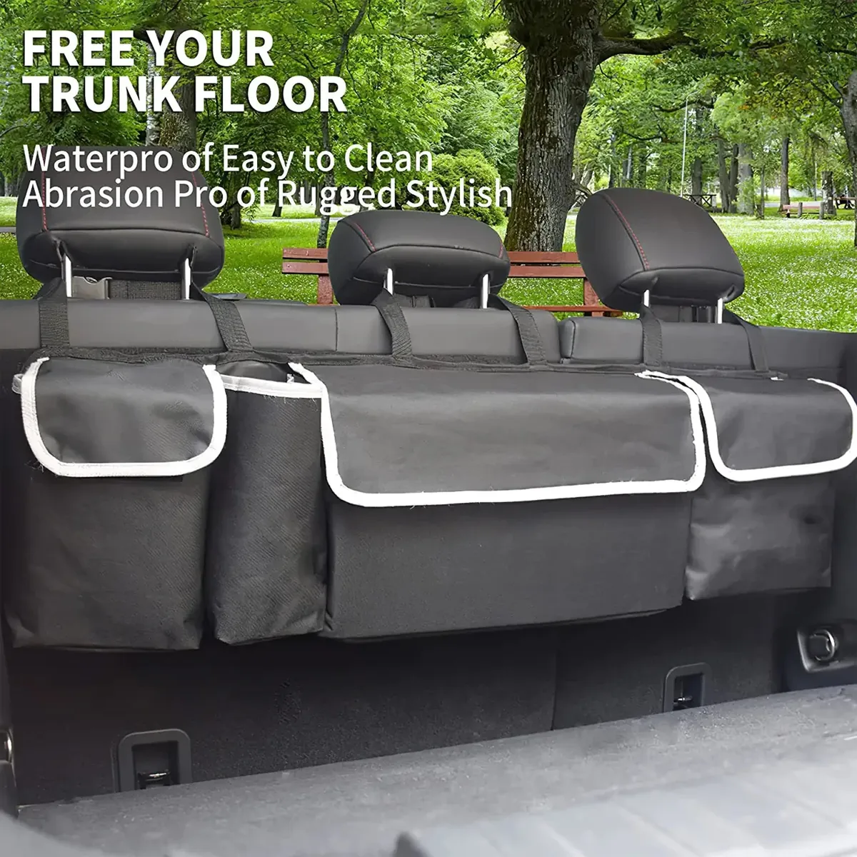 Custom Logo Car Trunk Hanging Organizer,Thick Backseat Trunk Storage Bag with 4 Pockets and 3 Adjustable Shoulder Straps, Foldable Car Trunk Interior Accessories Releases Your Trunk Space
