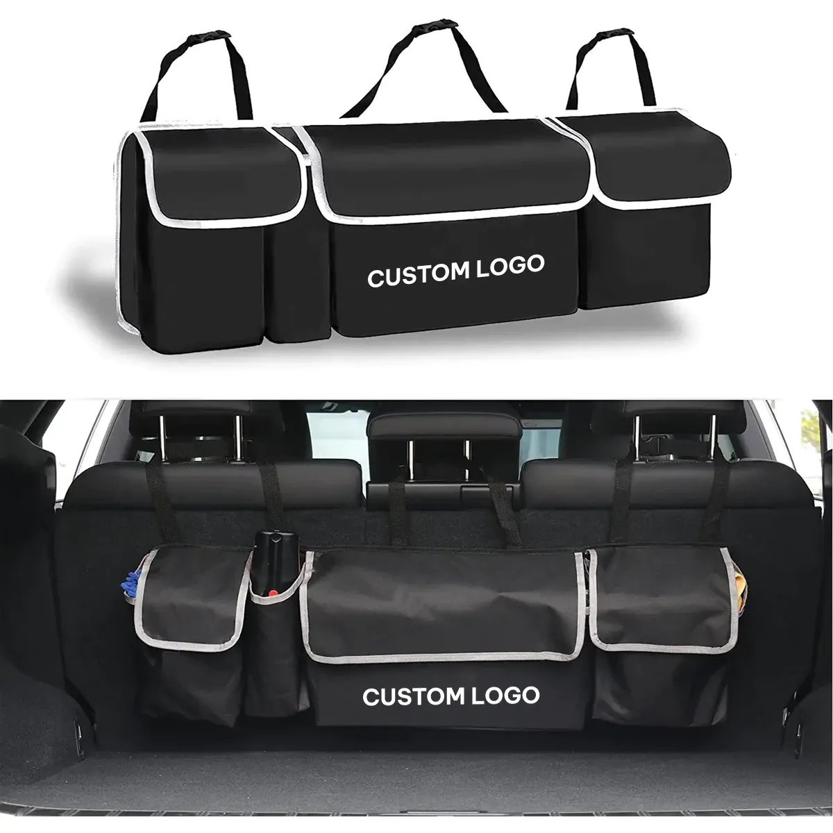 Custom Logo Car Trunk Hanging Organizer,Thick Backseat Trunk Storage Bag with 4 Pockets and 3 Adjustable Shoulder Straps, Foldable Car Trunk Interior Accessories Releases Your Trunk Space