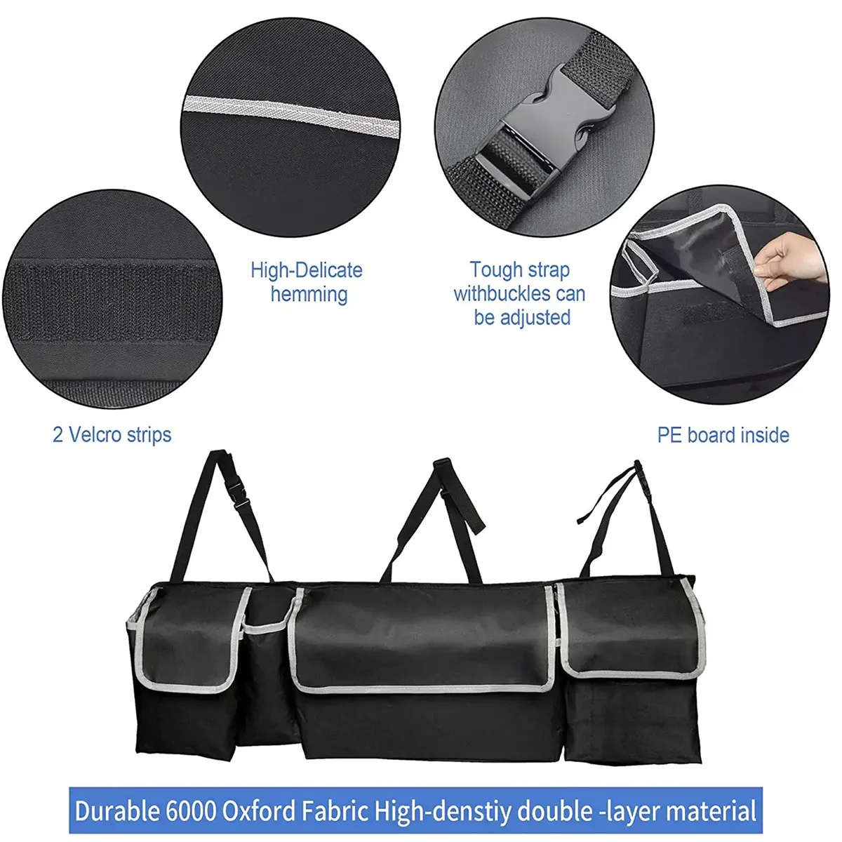 Custom Logo Car Trunk Hanging Organizer,Thick Backseat Trunk Storage Bag with 4 Pockets and 3 Adjustable Shoulder Straps, Foldable Car Trunk Interior Accessories Releases Your Trunk Space