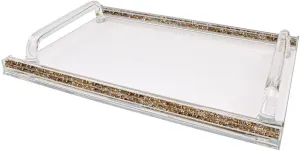 (D) Judaica Crystal Glass Tray for Serving with Inner Stones 16.5"x11.75" (Gold Silver)