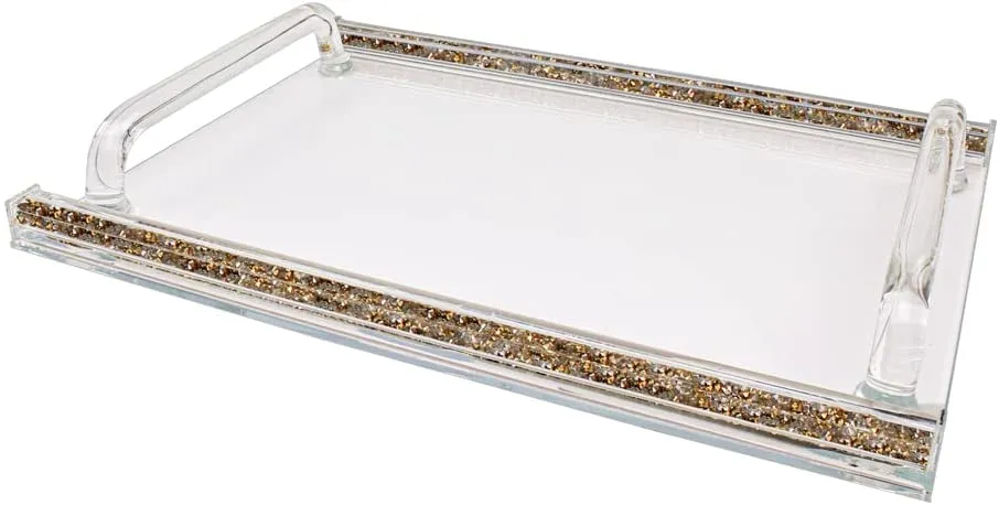 (D) Judaica Crystal Glass Tray for Serving with Inner Stones 16.5"x11.75" (Gold Silver)