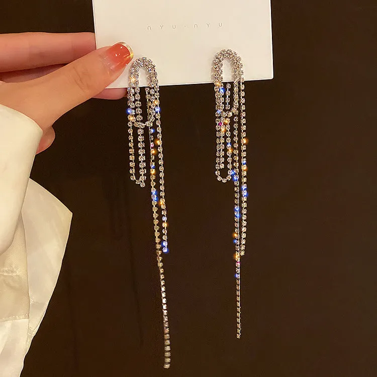 Diamond-encrusted Metal Long Tassel Earrings For Women
