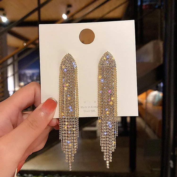 Diamond-encrusted Metal Long Tassel Earrings For Women
