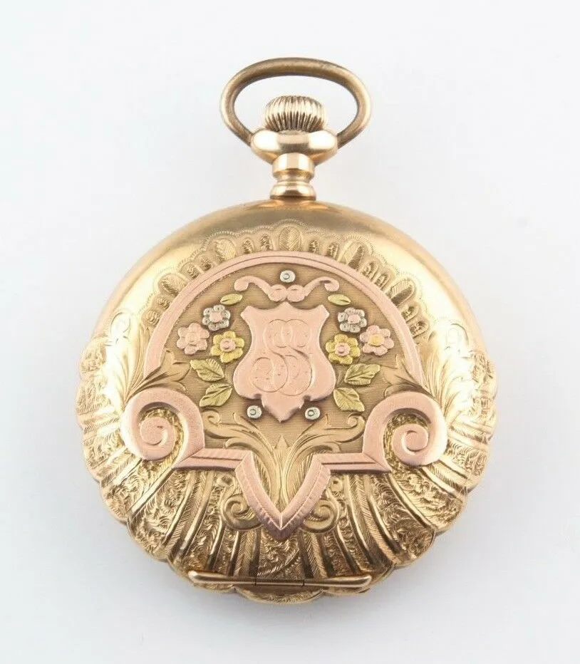Elgin 14k Multi-color Gold 17-Jewel Antique Pocket Watch Size 16s Full Hunter