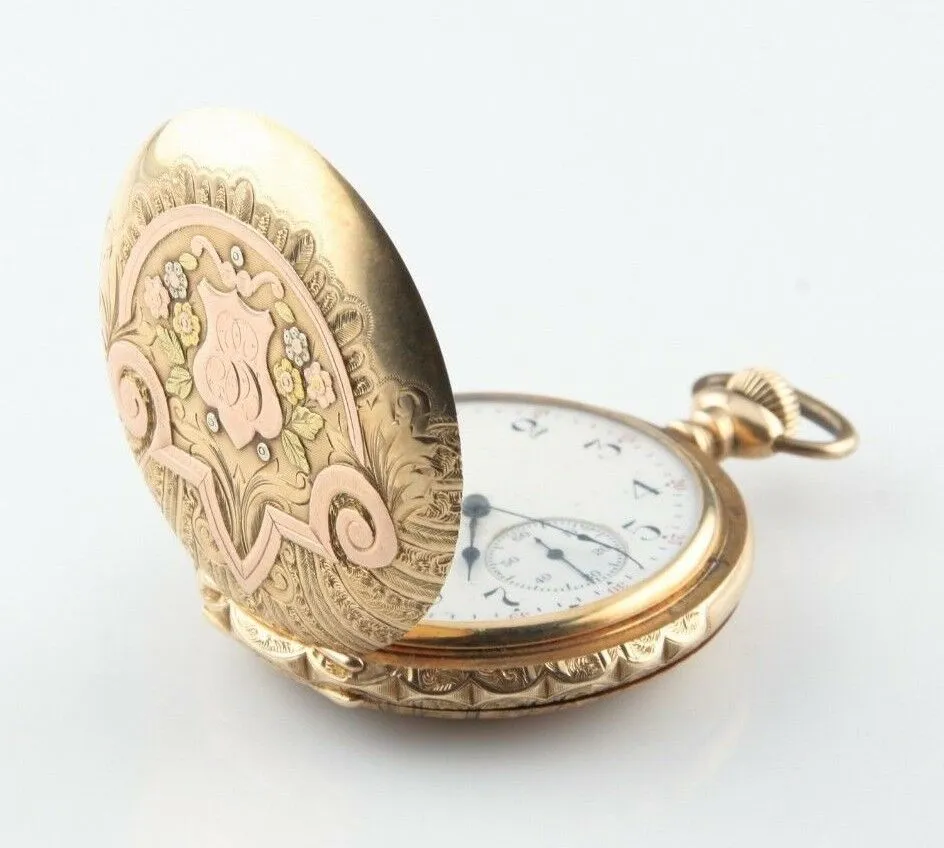 Elgin 14k Multi-color Gold 17-Jewel Antique Pocket Watch Size 16s Full Hunter