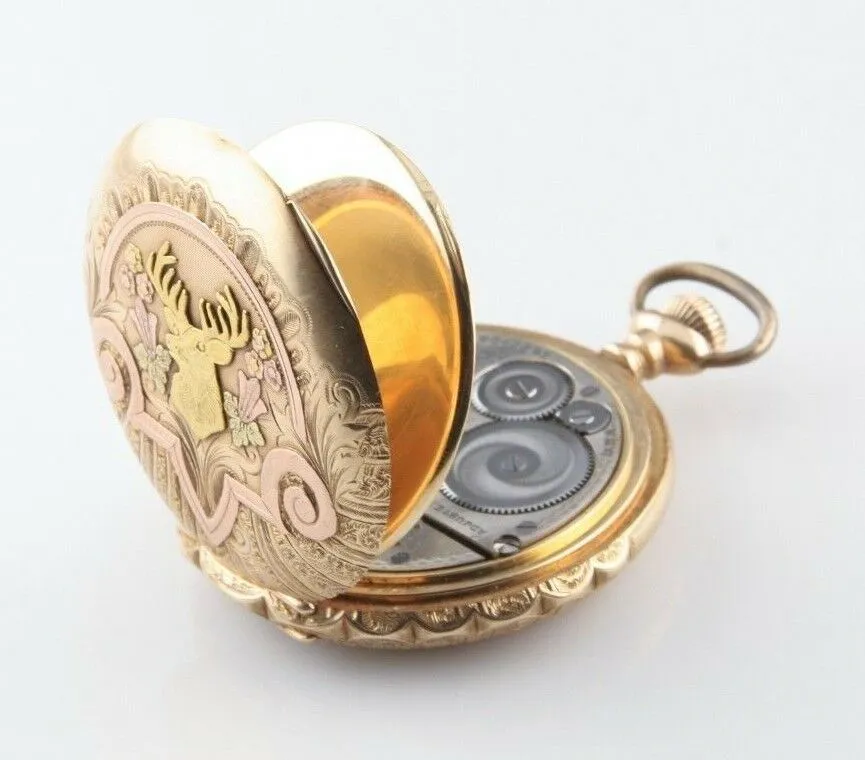 Elgin 14k Multi-color Gold 17-Jewel Antique Pocket Watch Size 16s Full Hunter