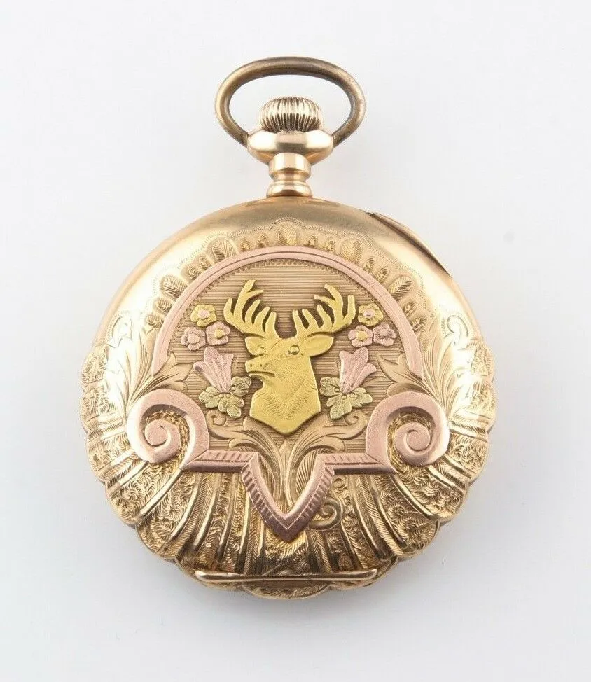 Elgin 14k Multi-color Gold 17-Jewel Antique Pocket Watch Size 16s Full Hunter