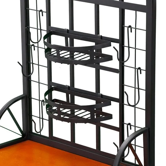 Farmhouse 3 Tier Steel Wood Top Utility Hooks Kitchen Baker's Wine Rack