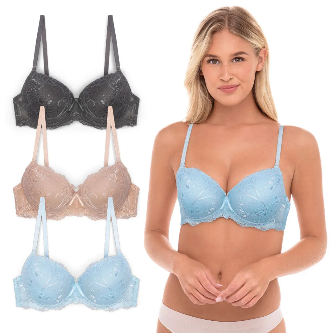 Floral Lace Double Push Up Bra - 3 Pack