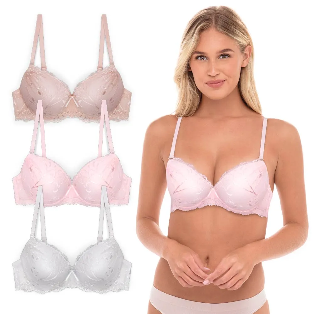 Floral Lace Double Push Up Bra - 3 Pack