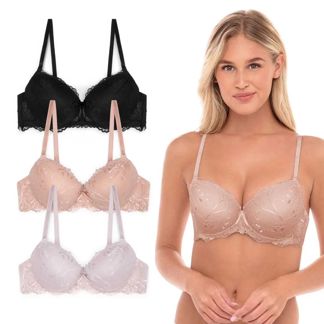 Floral Lace Double Push Up Bra - 3 Pack