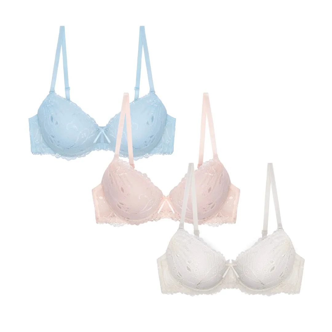 Floral Lace Double Push Up Bra - 3 Pack