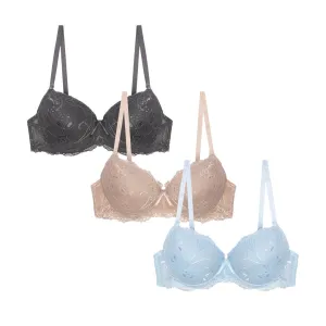 Floral Lace Double Push Up Bra - 3 Pack