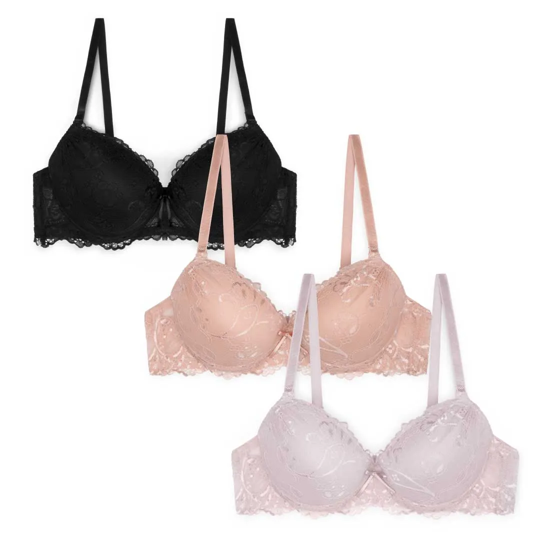 Floral Lace Double Push Up Bra - 3 Pack