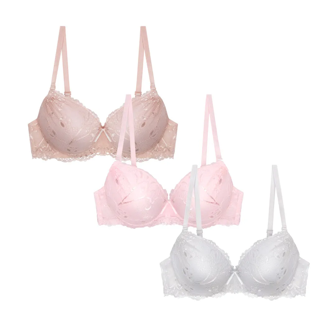 Floral Lace Double Push Up Bra - 3 Pack