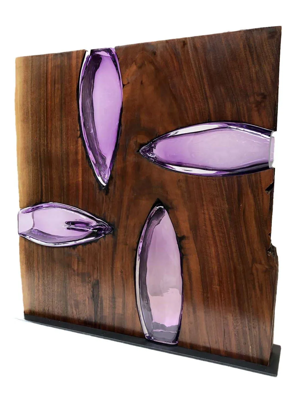 Four Amethyst Glass "Stars" with Walnut Wood