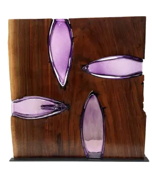 Four Amethyst Glass "Stars" with Walnut Wood