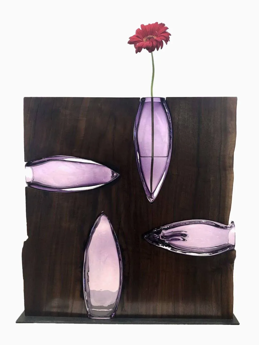 Four Amethyst Glass "Stars" with Walnut Wood