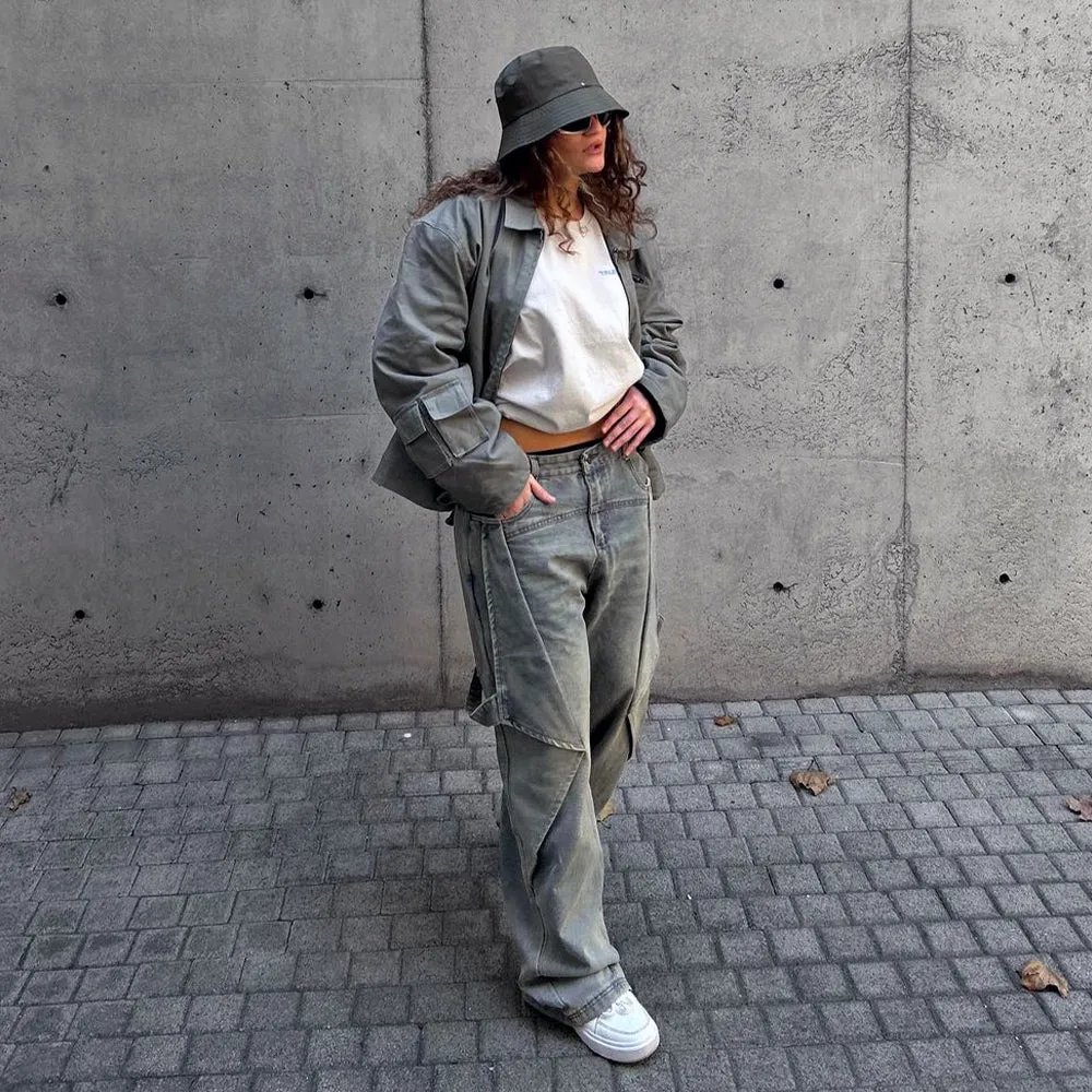 Functional Solid Color Patchwork Jeans