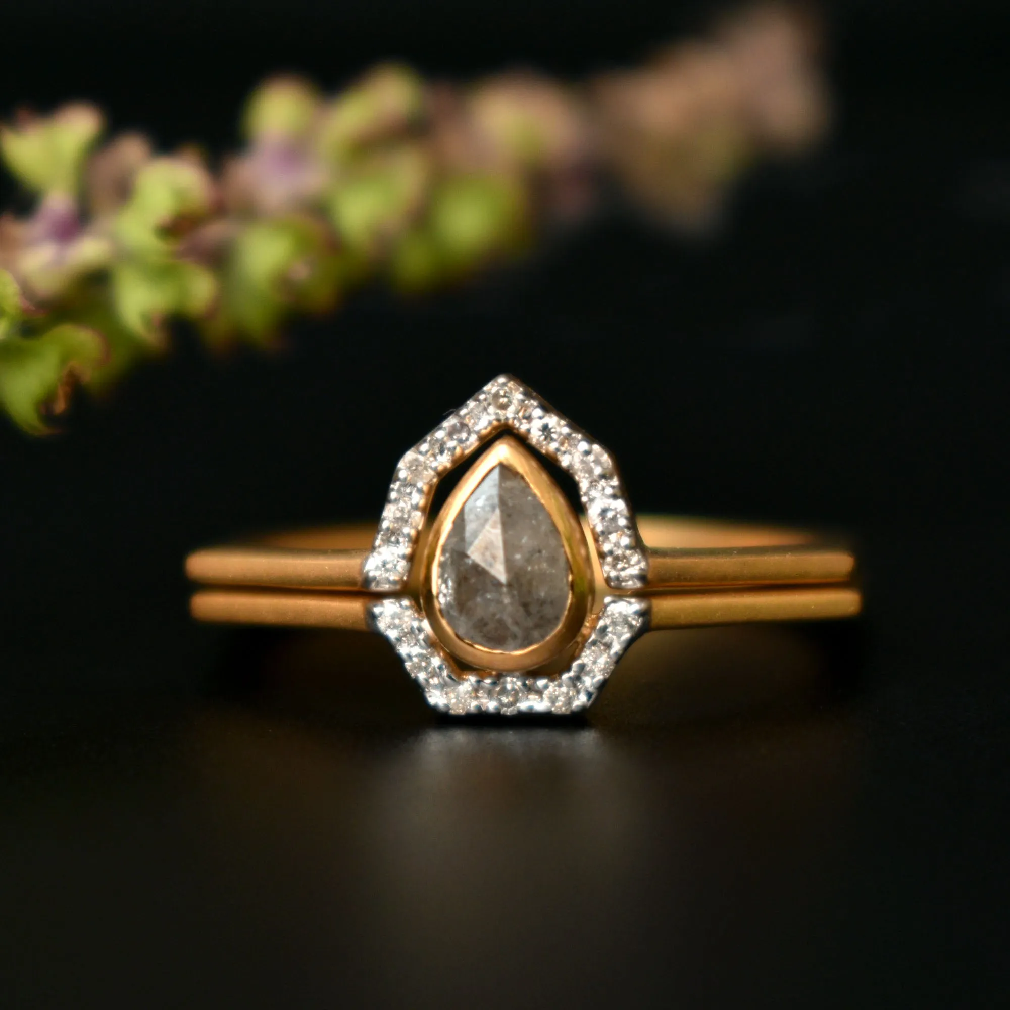 Gray Diamond Ring Set with Salt & Pepper Diamond Halo in 14k Solid Matte Gold