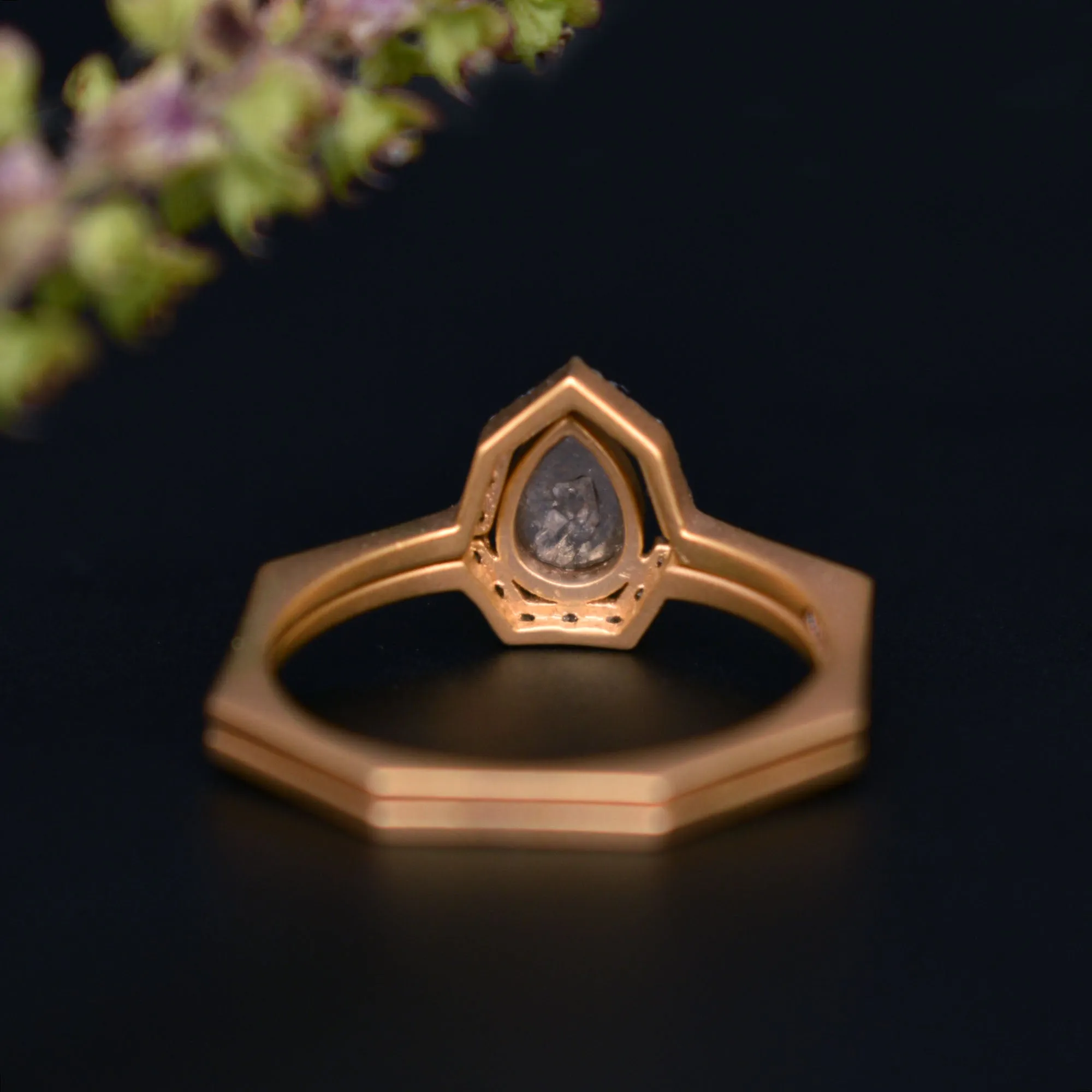 Gray Diamond Ring Set with Salt & Pepper Diamond Halo in 14k Solid Matte Gold