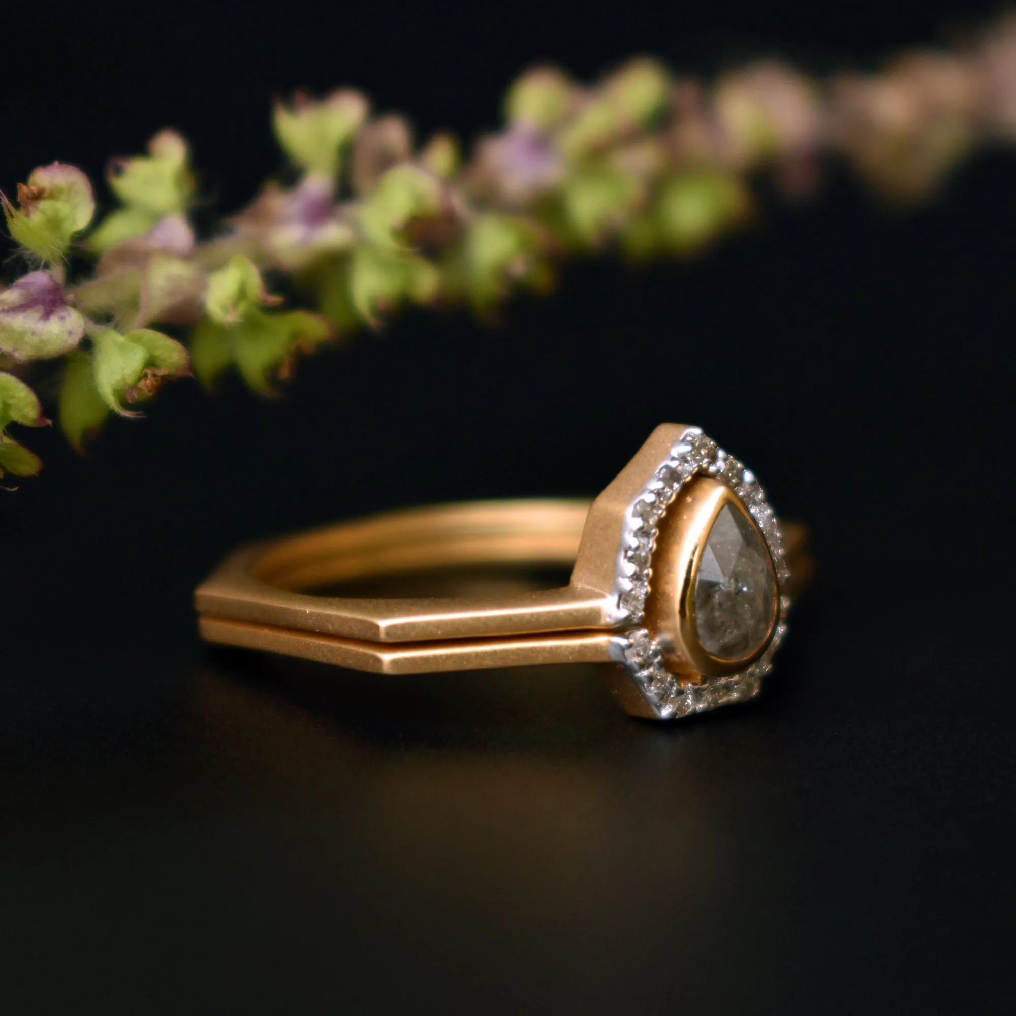 Gray Diamond Ring Set with Salt & Pepper Diamond Halo in 14k Solid Matte Gold