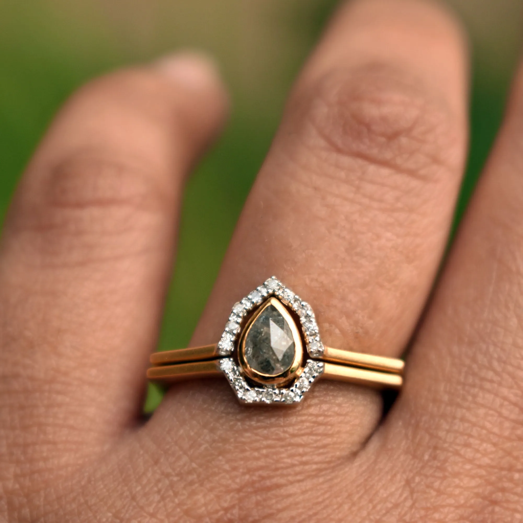 Gray Diamond Ring Set with Salt & Pepper Diamond Halo in 14k Solid Matte Gold