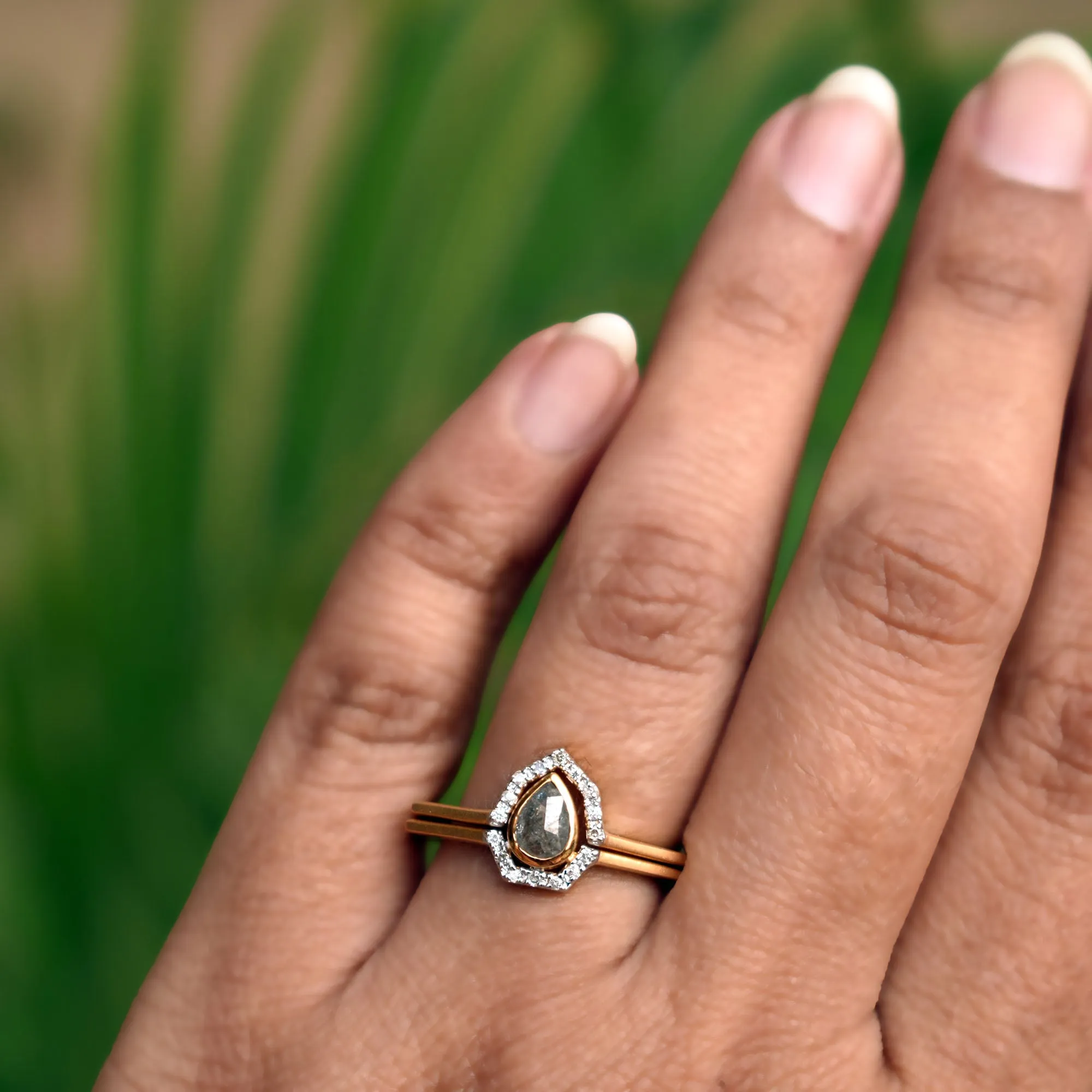 Gray Diamond Ring Set with Salt & Pepper Diamond Halo in 14k Solid Matte Gold