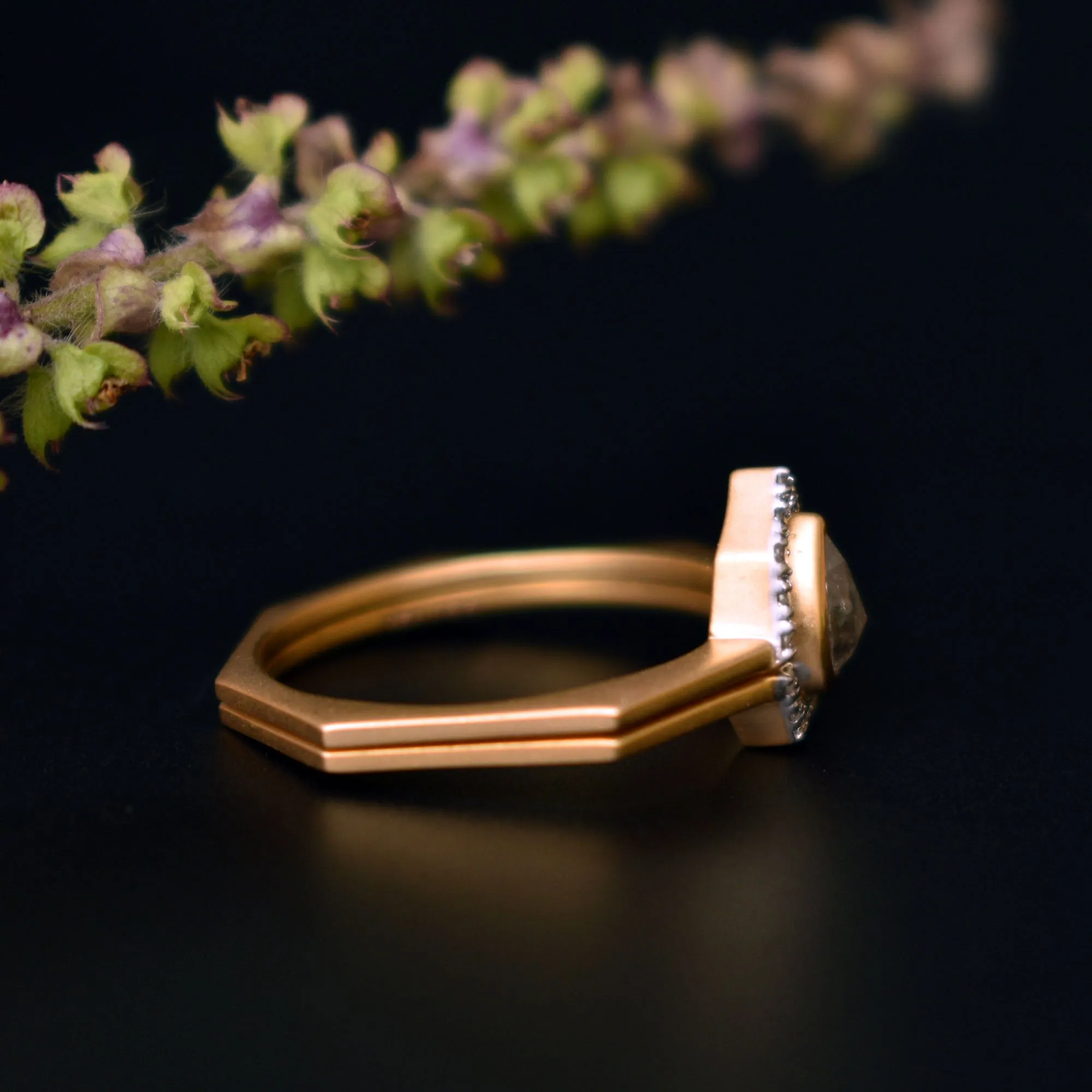 Gray Diamond Ring Set with Salt & Pepper Diamond Halo in 14k Solid Matte Gold