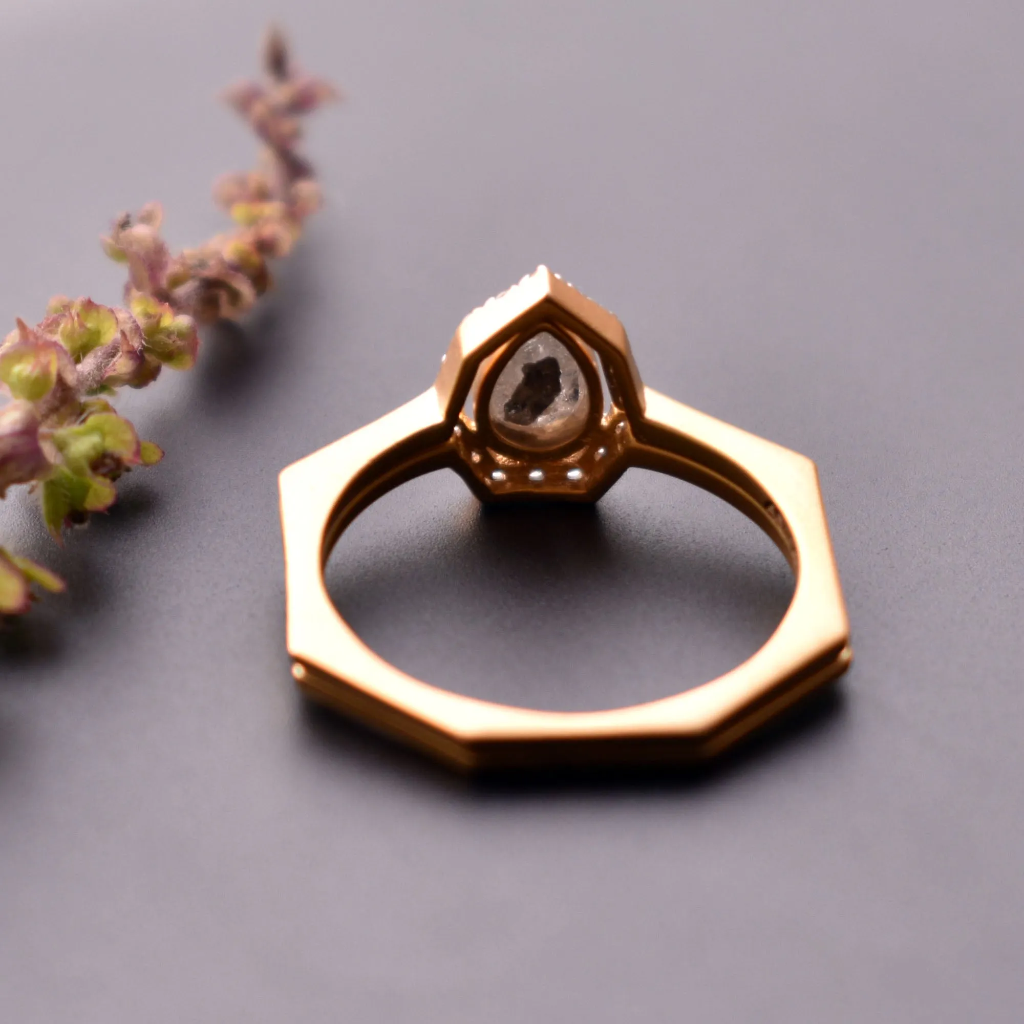 Gray Diamond Ring Set with Salt & Pepper Diamond Halo in 14k Solid Matte Gold