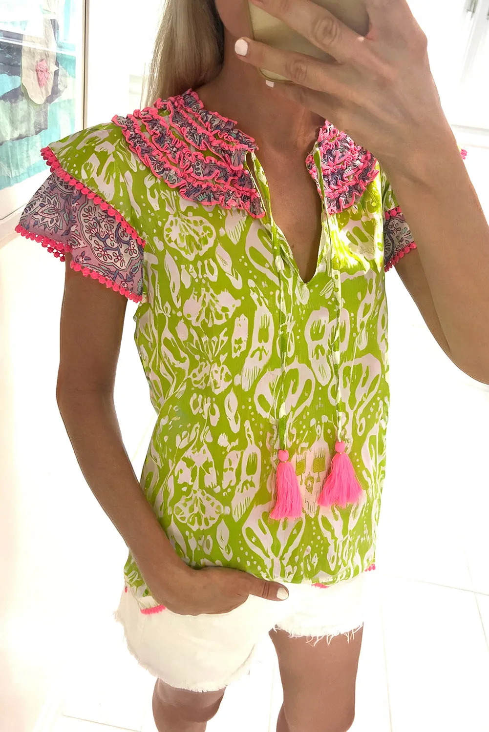 Green Abstract Print Pom-pom Trim Tassel Frilled Notch Neck Blouse