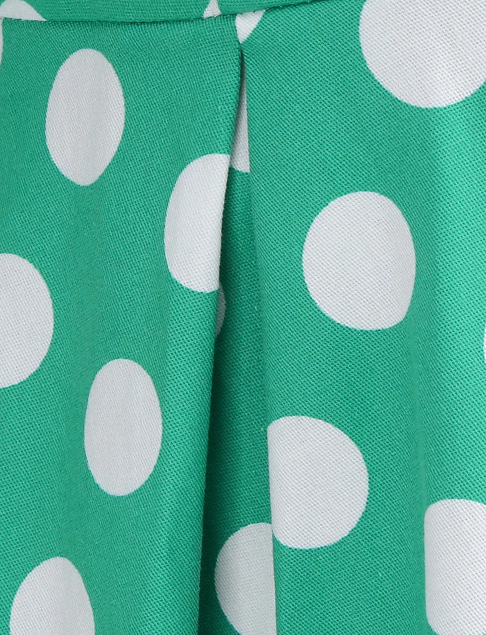 Green Polka Dots Turn Down Collar Short Sleeves 1950S Vinatge Shirt Dress