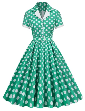 Green Polka Dots Turn Down Collar Short Sleeves 1950S Vinatge Shirt Dress