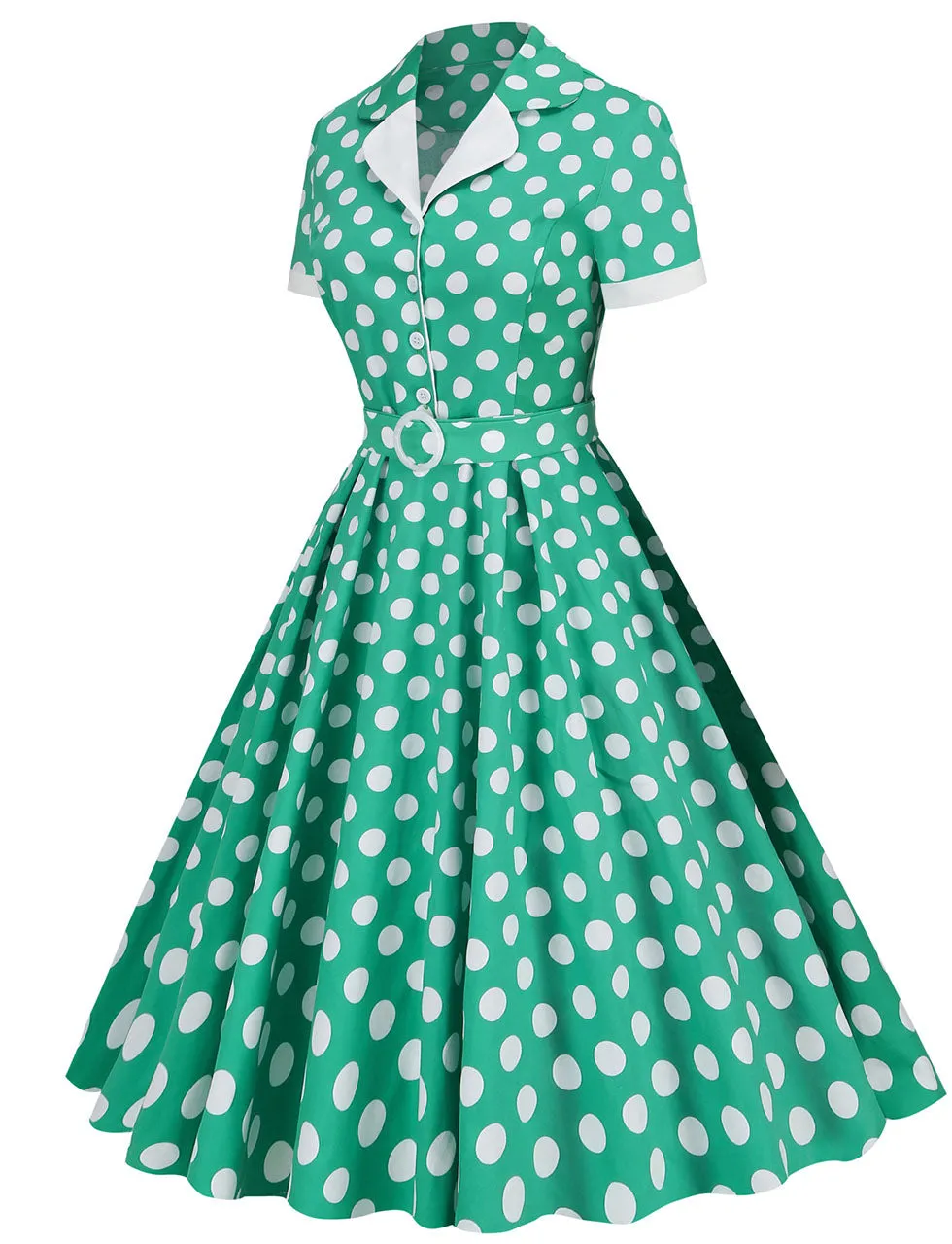 Green Polka Dots Turn Down Collar Short Sleeves 1950S Vinatge Shirt Dress