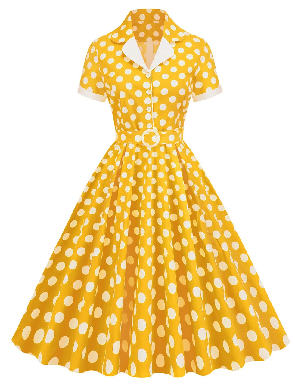 Green Polka Dots Turn Down Collar Short Sleeves 1950S Vinatge Shirt Dress