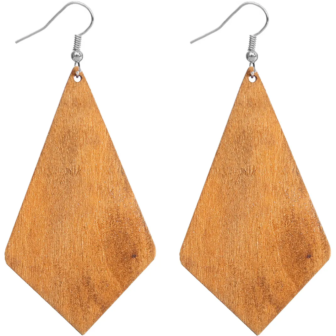 Green Wooden Geometric Pentagon Dangle Earrings