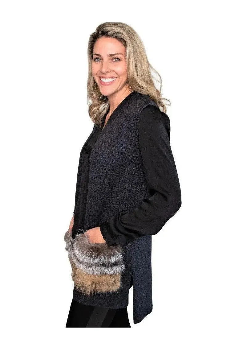Grey Knit Vest with Natural Multi Color Fox Pockets