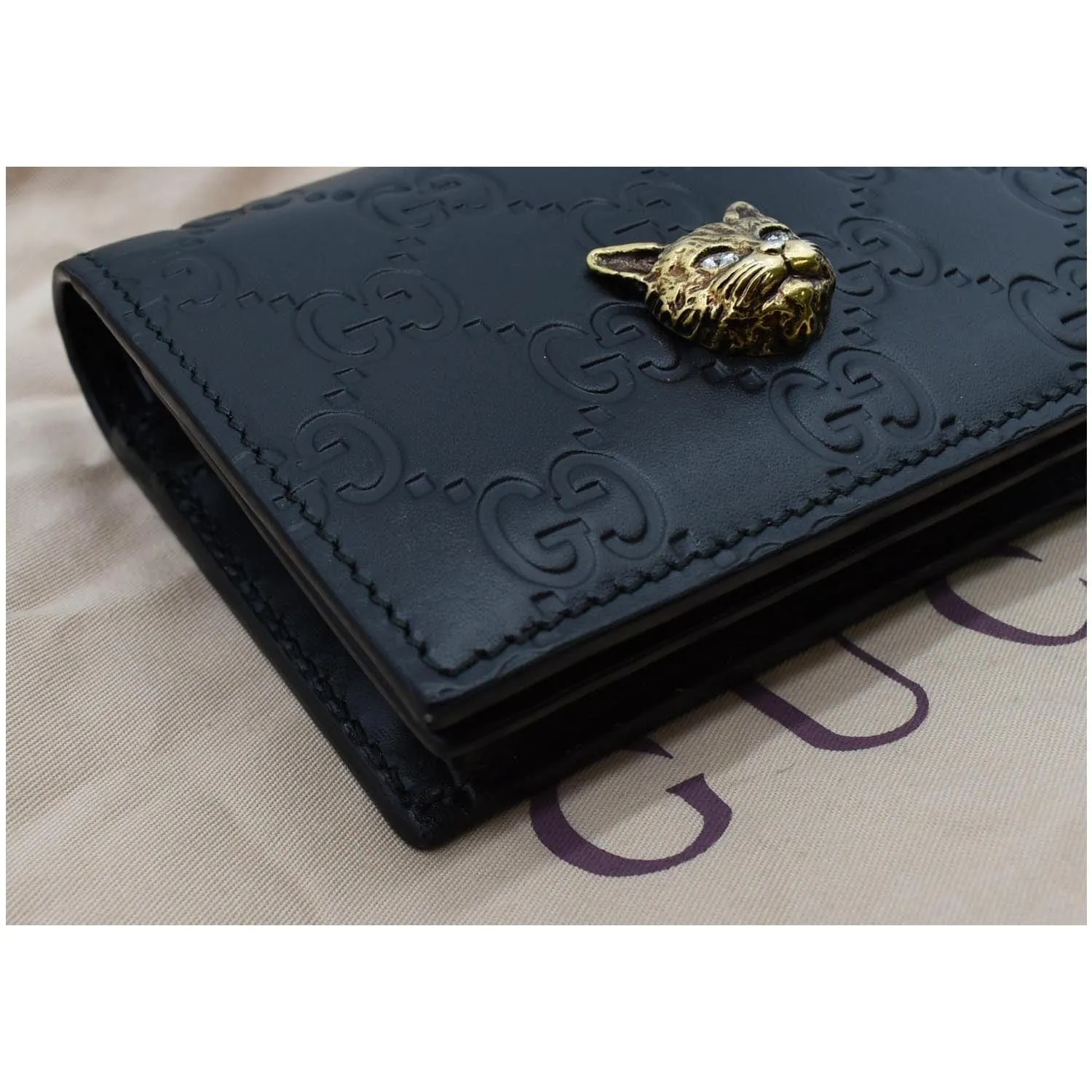 GUCCI Crystal Cat Guccissima Leather Card Case Wallet Black 548057