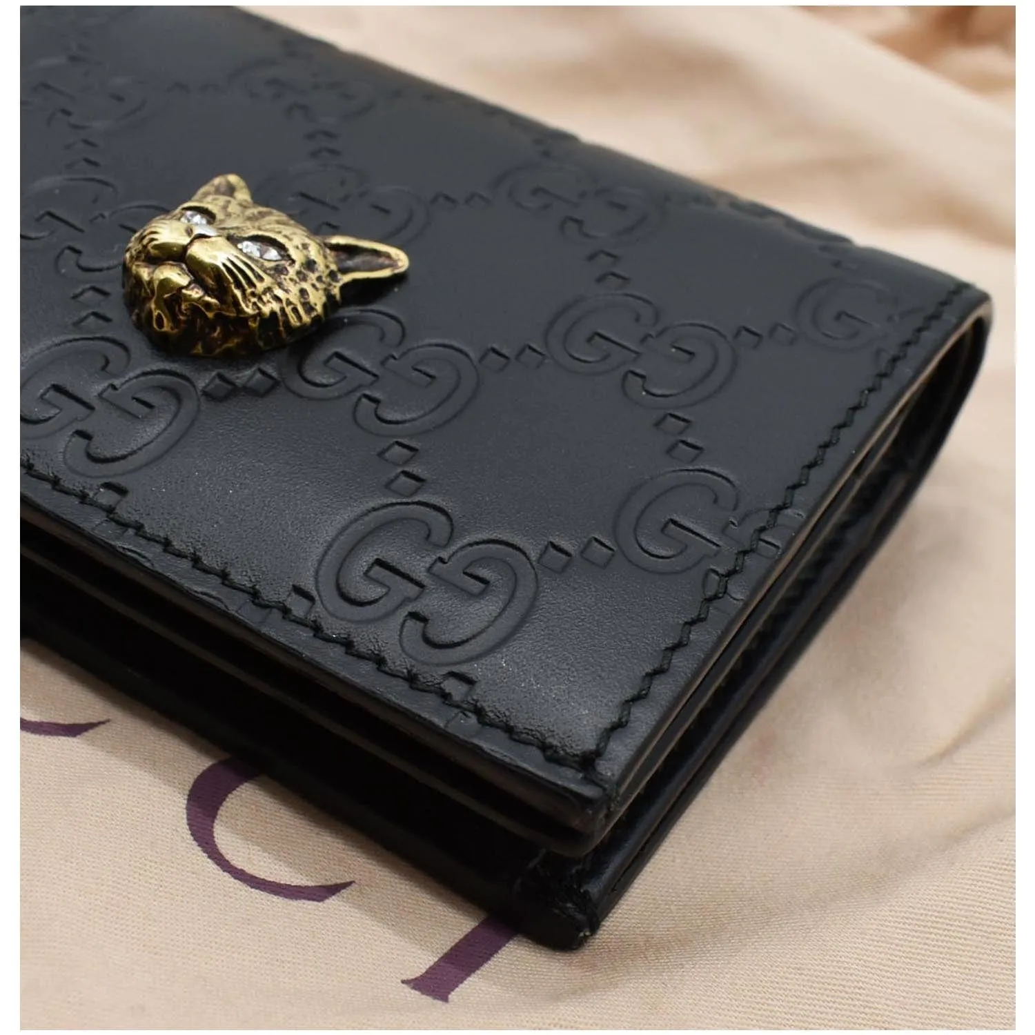 GUCCI Crystal Cat Guccissima Leather Card Case Wallet Black 548057