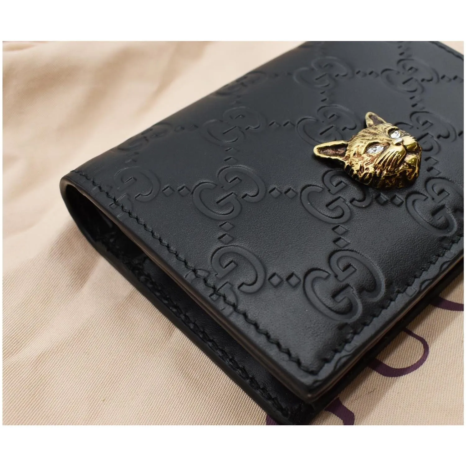 GUCCI Crystal Cat Guccissima Leather Card Case Wallet Black 548057