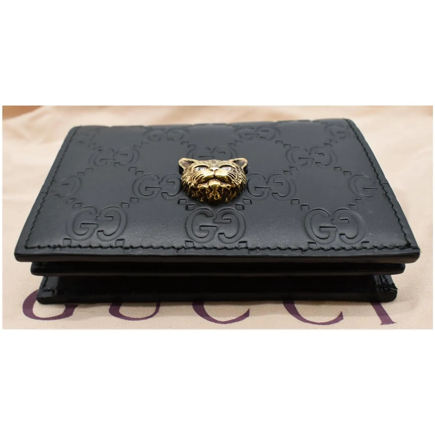 GUCCI Crystal Cat Guccissima Leather Card Case Wallet Black 548057