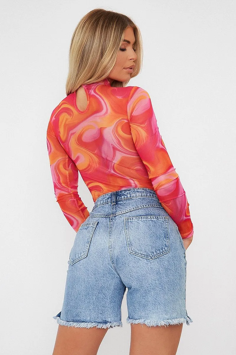 Hot Pink Abstract Print High Neck Bodysuit - Verity