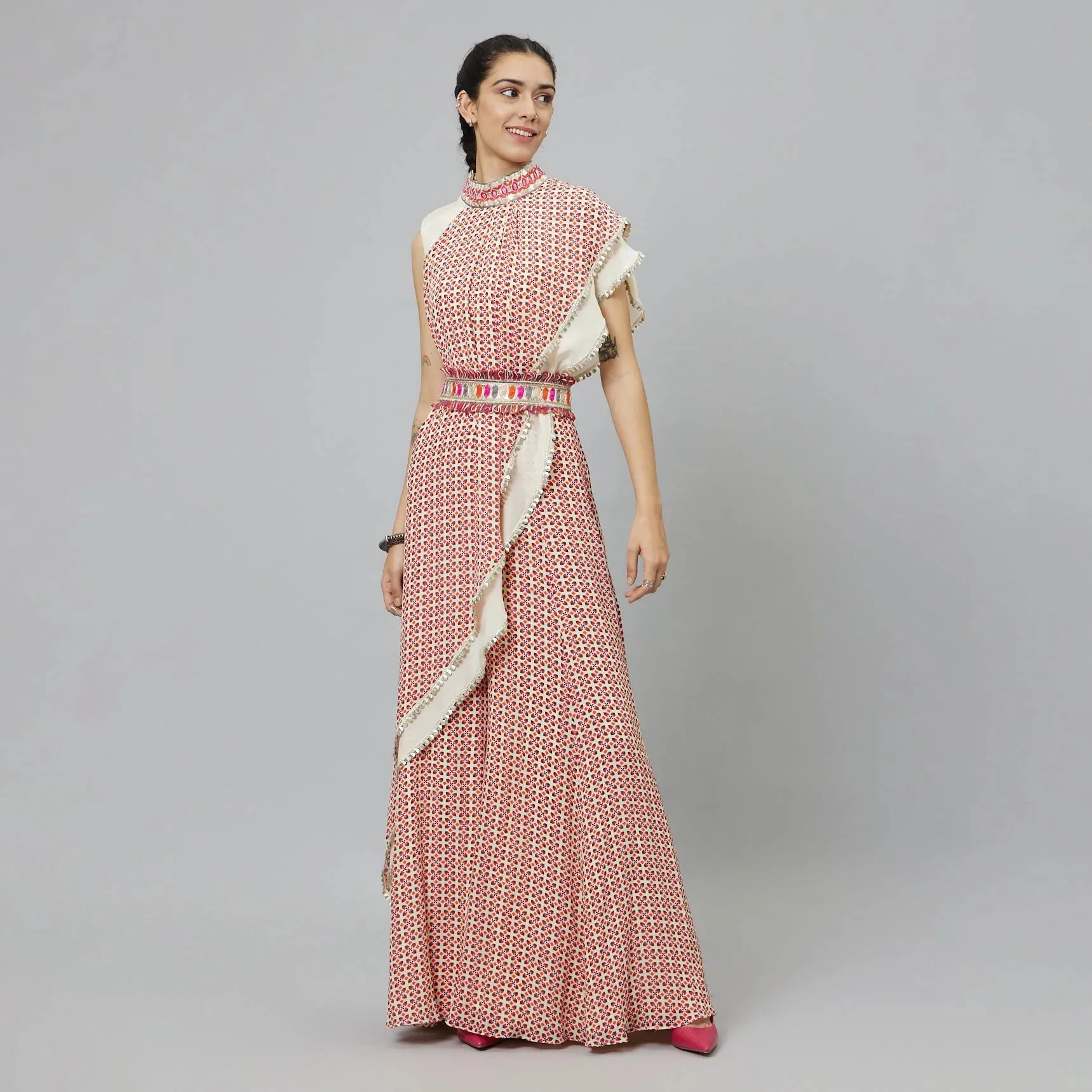 IVORY CROP TOP WITH IVORY GEOMETRIC PRINT DRAPE AND IVORY SOLID PLAIN SILK DRAPE WITH IVORY GEOMETRIC SHARARA PANTS