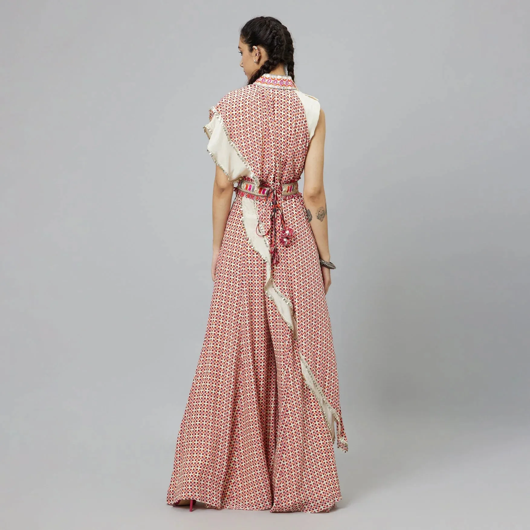 IVORY CROP TOP WITH IVORY GEOMETRIC PRINT DRAPE AND IVORY SOLID PLAIN SILK DRAPE WITH IVORY GEOMETRIC SHARARA PANTS